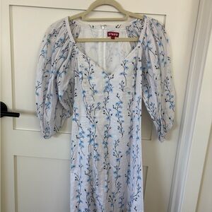 STAUD White Dress with Blue Floral Design
